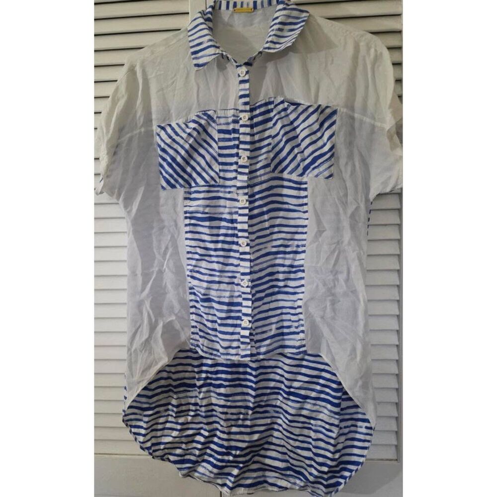 Rebecca Minkoff 100% Silk Blue Striped Colorblock Short Sleeve Blouse Size S